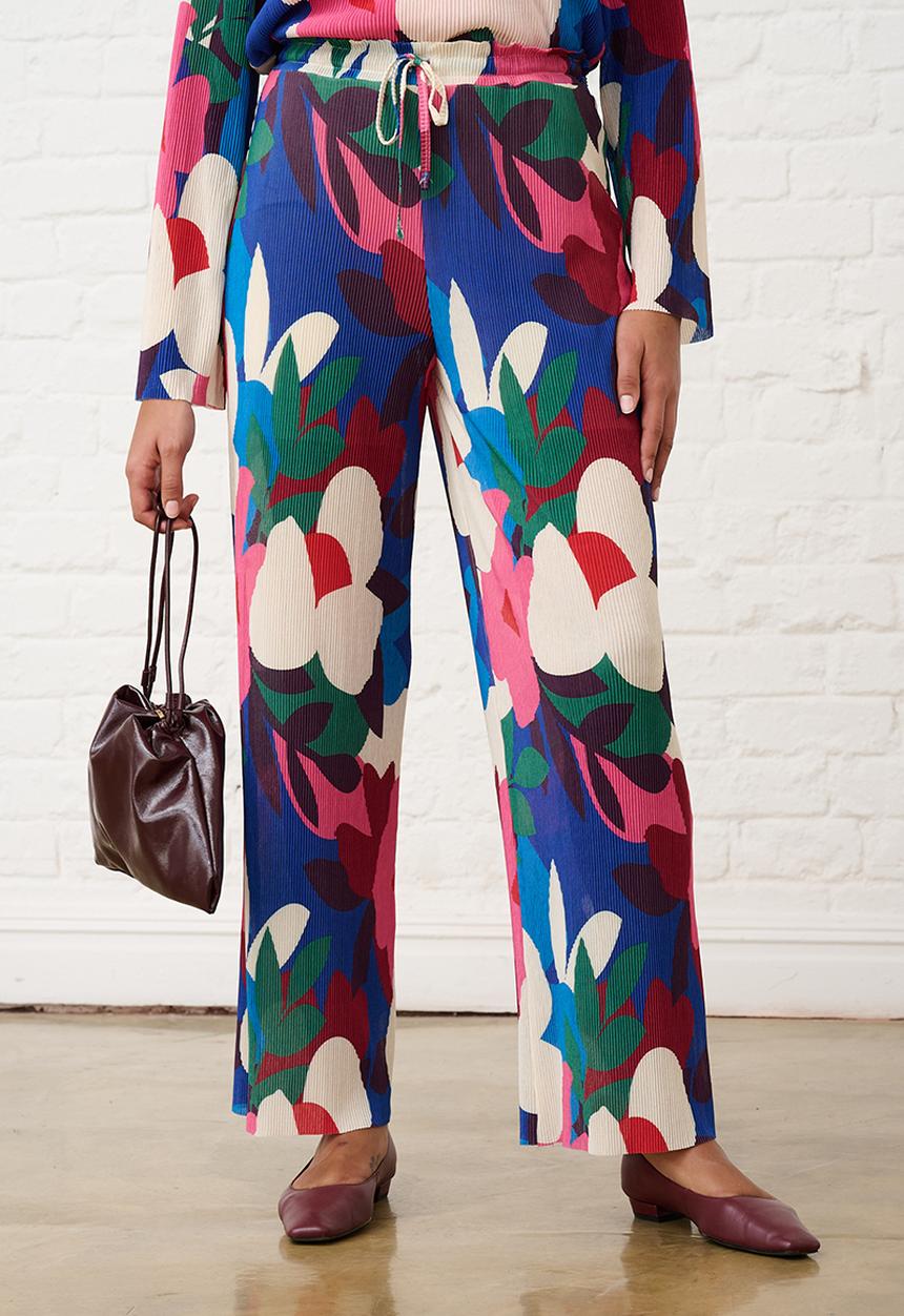 Me&B - Tie Detail Plisse Pants in Bloom - Multi