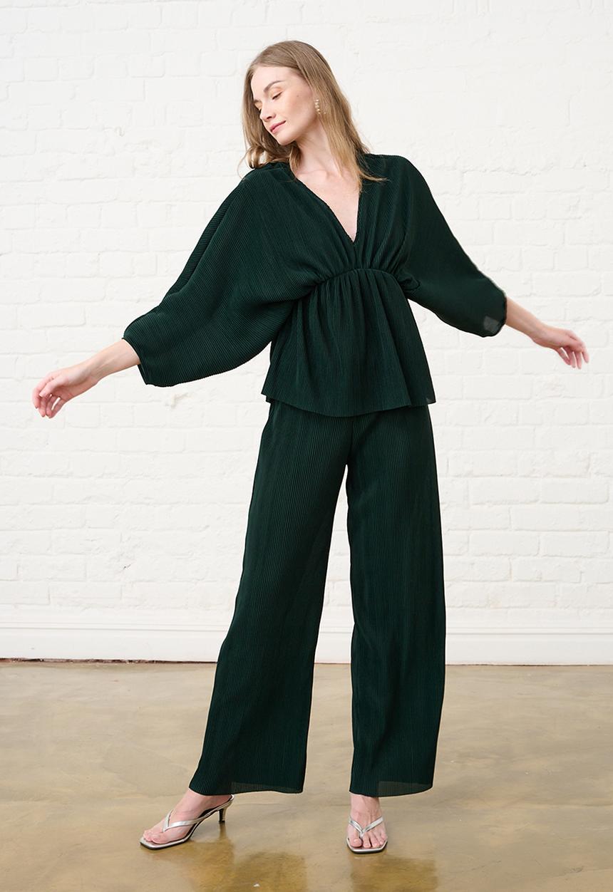 Me&B - Pull on Plisse Pants - Bottle Green