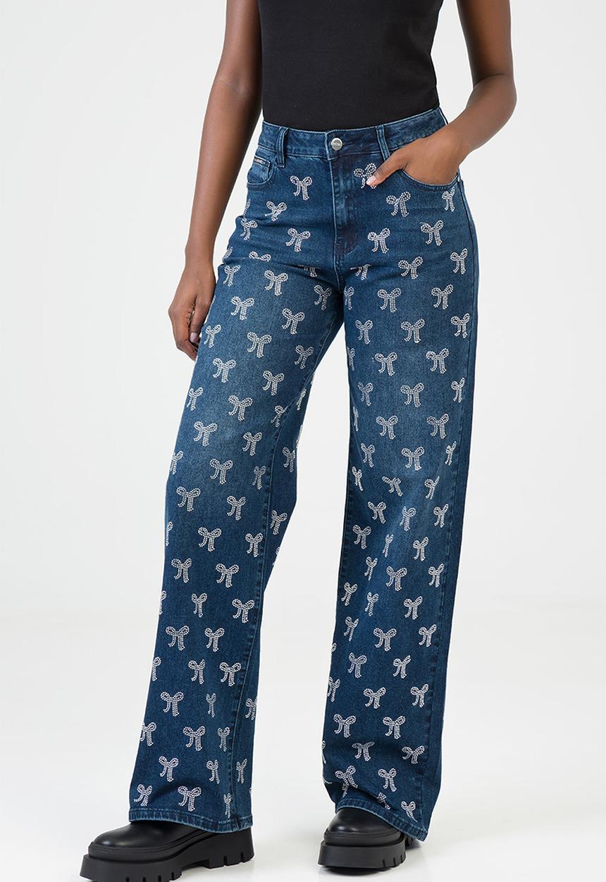 SISSY BOY - Nyla Wide Leg Jeans Mid Waist Wide Leg With All Over Bow Bling - Dark Vintage