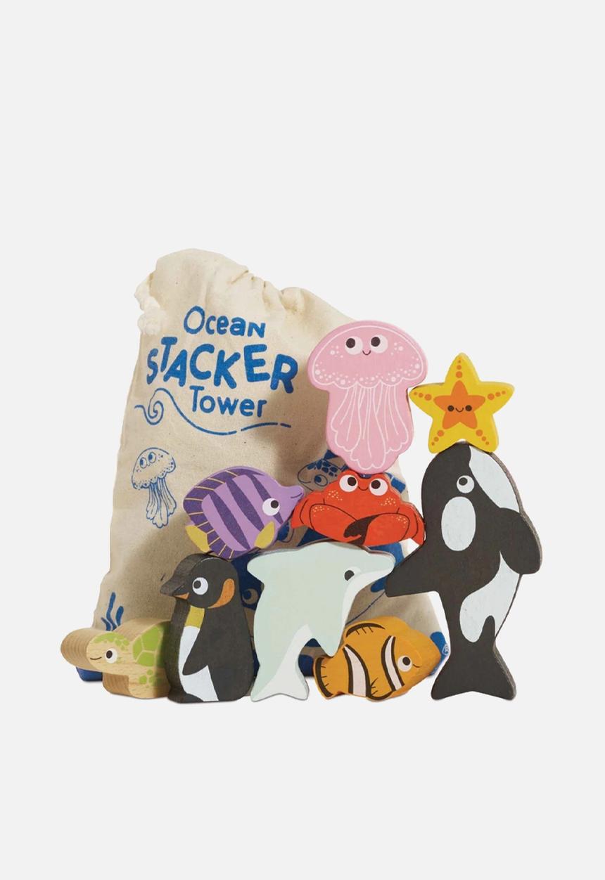 Le Toy Van - 10 pcsWooden Ocean Life Stacking Animals & Bag - multi