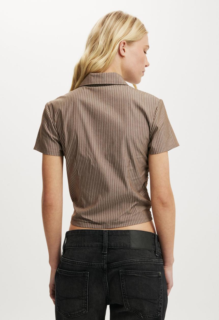 Cotton On - Riley gathered shirt - bonnie pinstripe dark truffle