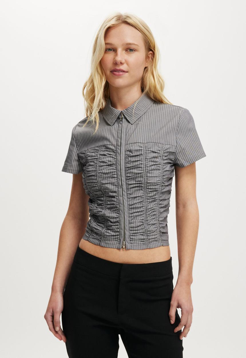 Cotton On - Riley gathered shirt - bonnie pinstripe steel onyx