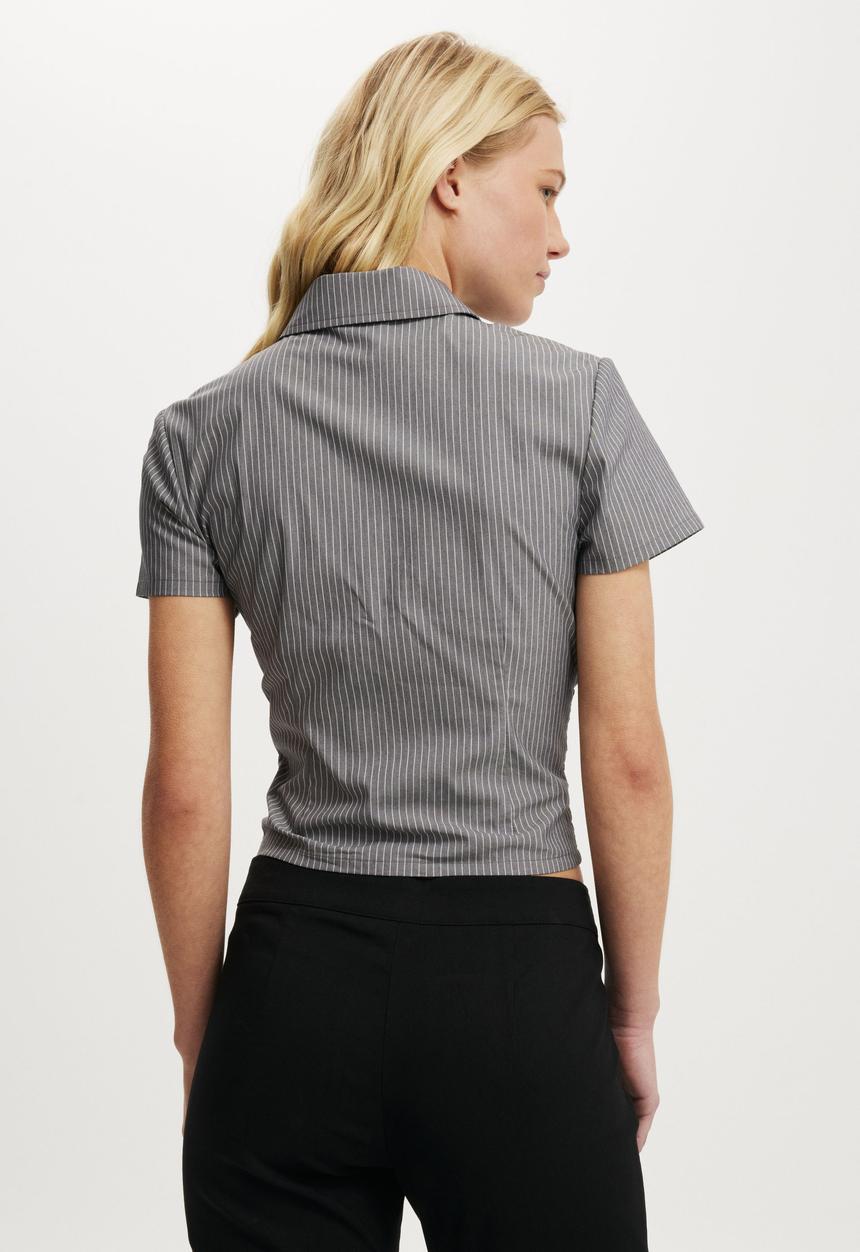 Cotton On - Riley gathered shirt - bonnie pinstripe steel onyx