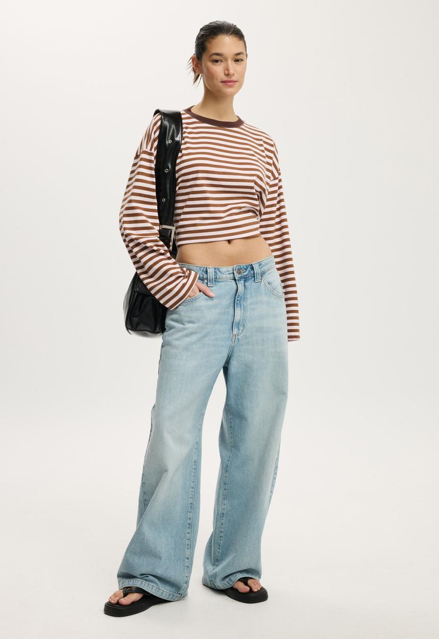 Cotton On - Oversized boxy long sleeve tee - sophie stripe babydoll/walnut