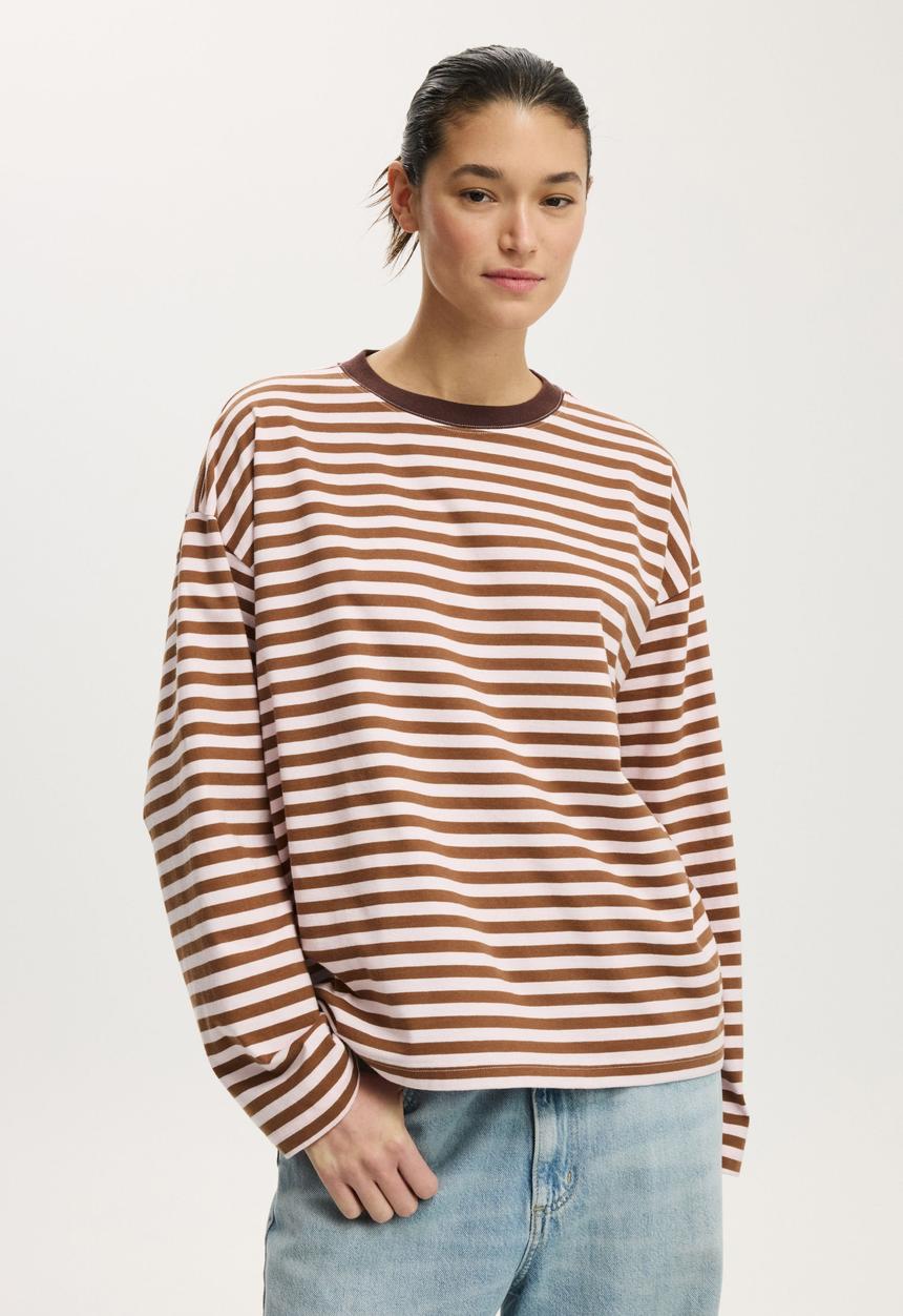 Cotton On - Oversized boxy long sleeve tee - sophie stripe babydoll/walnut