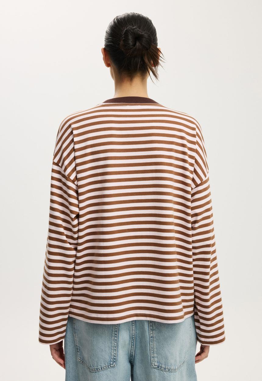 Cotton On - Oversized boxy long sleeve tee - sophie stripe babydoll/walnut