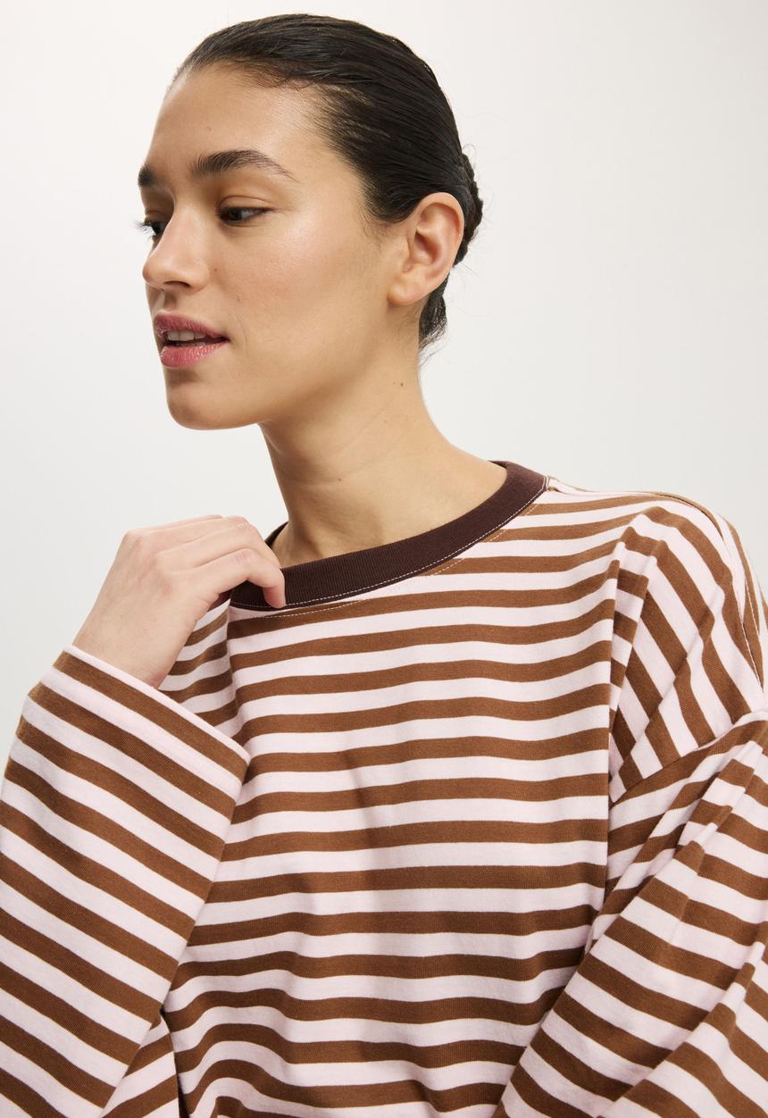Cotton On - Oversized boxy long sleeve tee - sophie stripe babydoll/walnut