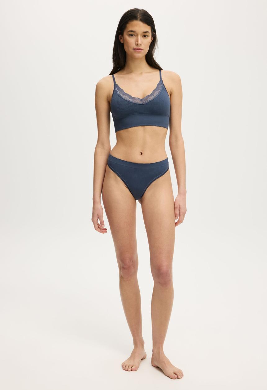 Cotton On - Seamless Longline Lace Trim Bralette - Steely Blue Wash Texture