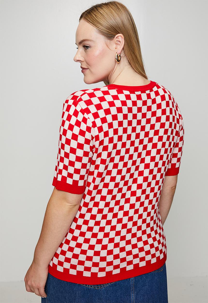 Me&B - Plus Knitwear Top in Cherry Red Check - Red