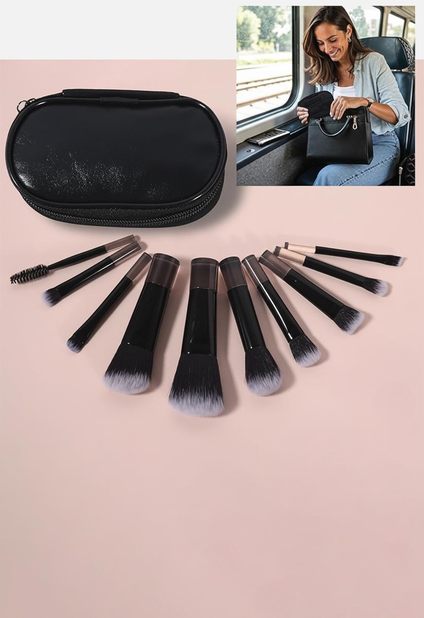 Glam Beauty - Travel Make Up Brush 10 Piece Set with PU Bag - Black