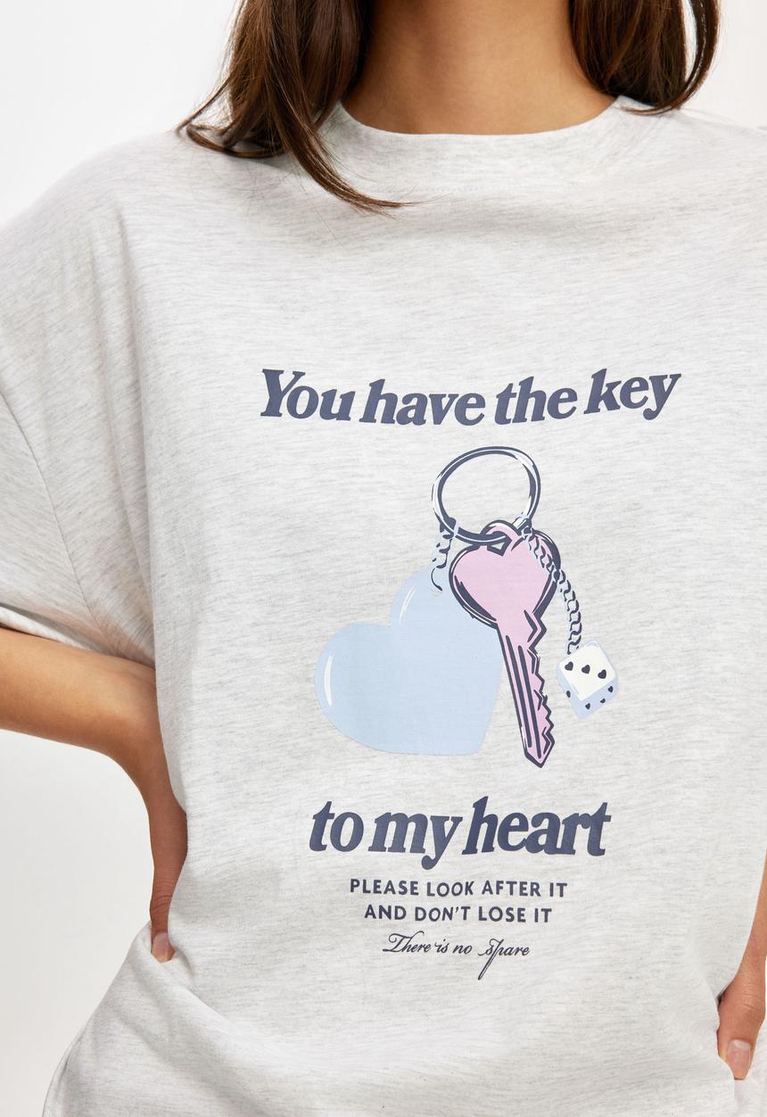 Cotton On - Oversized lounge graphic tee - light grey marle/ key to my heart