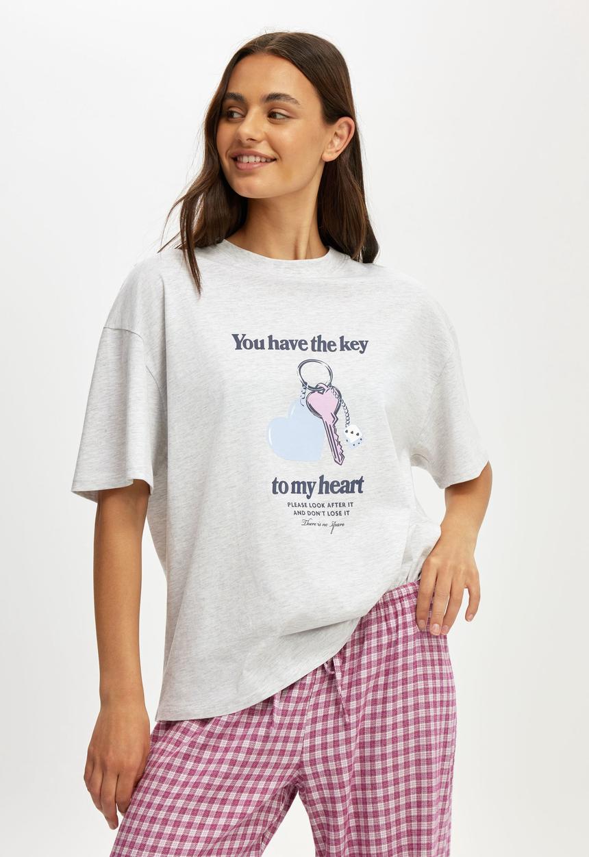 Cotton On - Oversized lounge graphic tee - light grey marle/ key to my heart