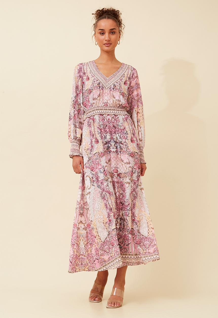 Izabel London - L/S With Elastic V-Neck Maxi Dress Border Print With Embelishment - Multi Pink
