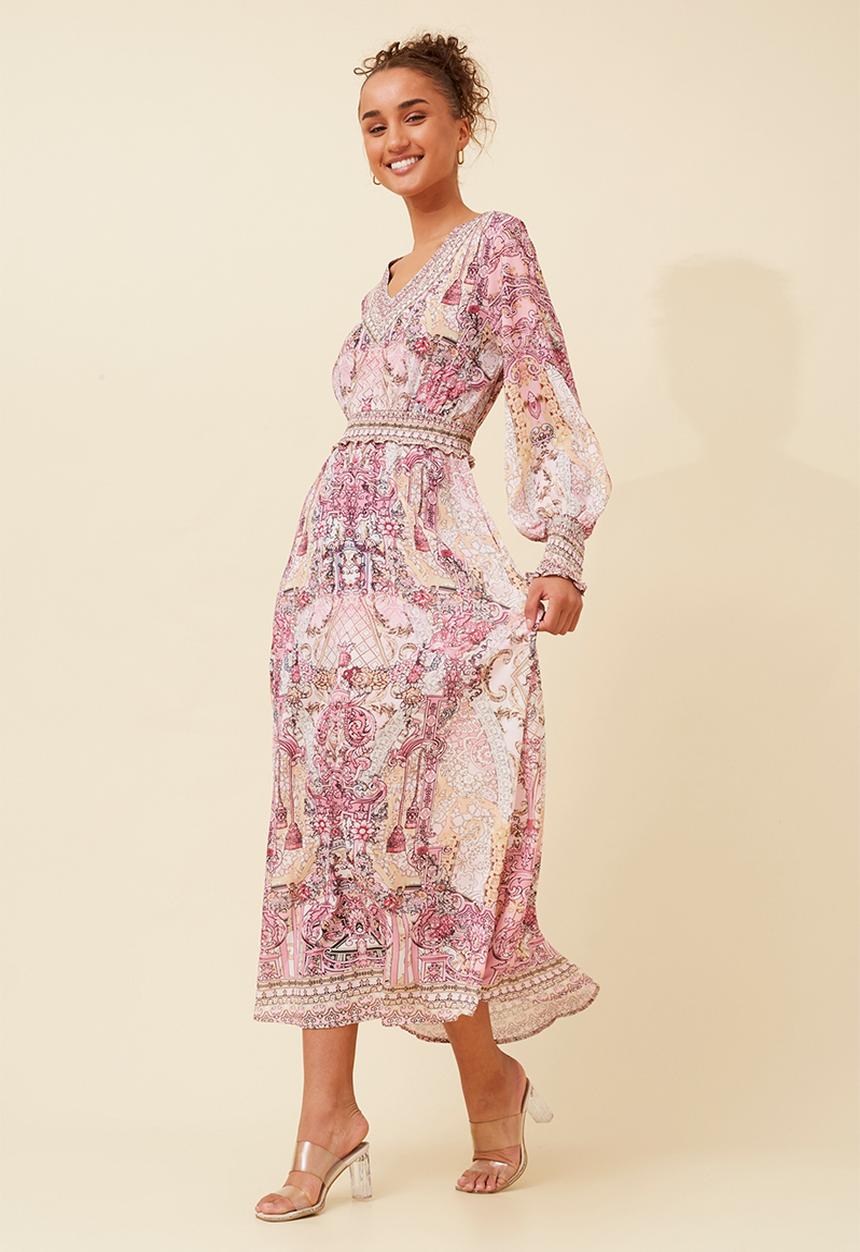 Izabel London - L/S With Elastic V-Neck Maxi Dress Border Print With Embelishment - Multi Pink