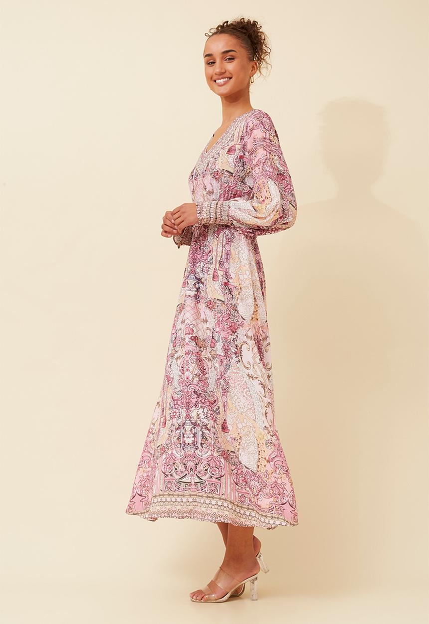 Izabel London - L/S With Elastic V-Neck Maxi Dress Border Print With Embelishment - Multi Pink