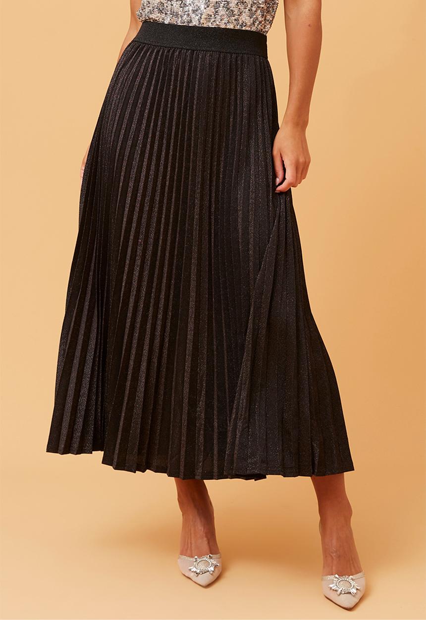 Izabel London - High Waisted Maxi Aline Skirt With Lurex And Permanent Crease - Black