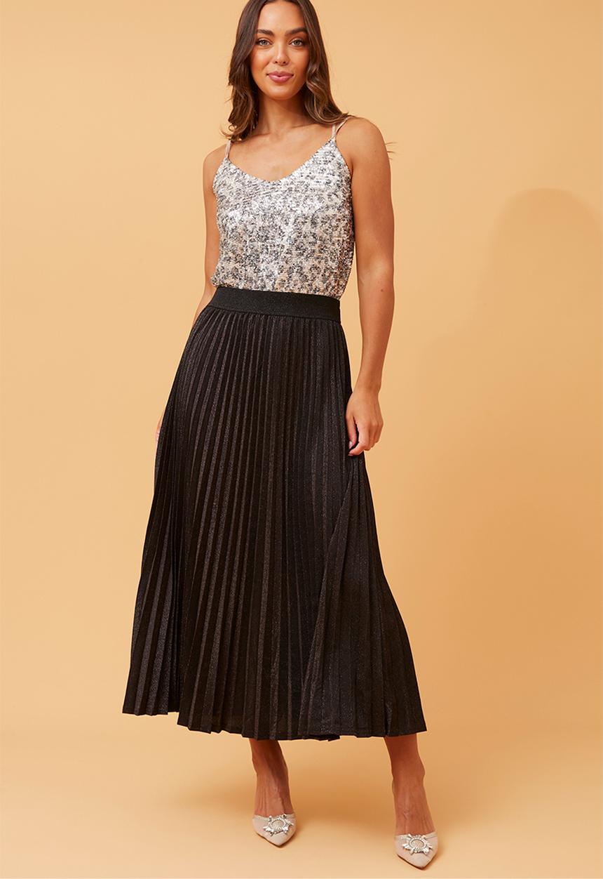 Izabel London - High Waisted Maxi Aline Skirt With Lurex And Permanent Crease - Black
