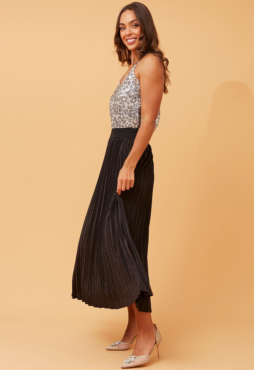 Izabel London - High Waisted Maxi Aline Skirt With Lurex And Permanent Crease - Black