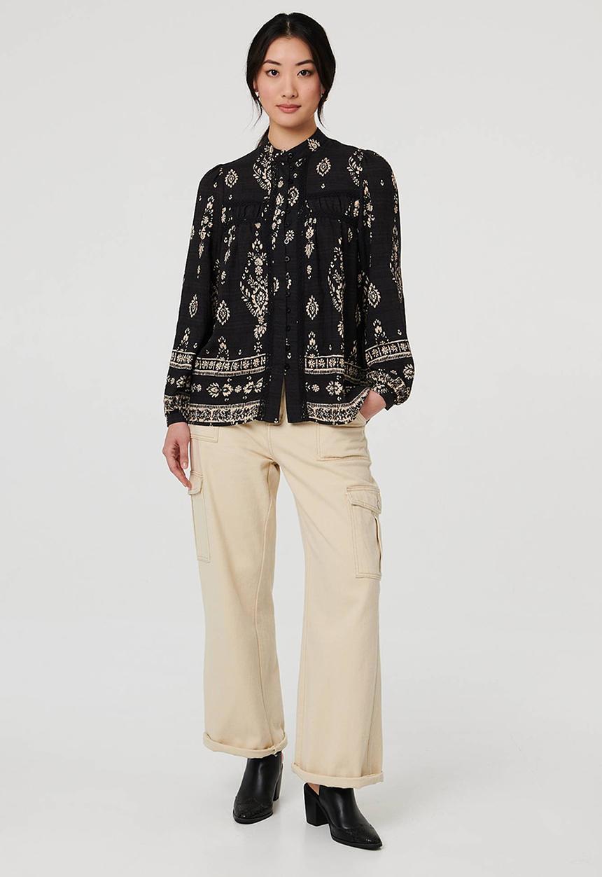 MANDI - L/S Buttton Through Gypsey Blouse With Discharge Print - Black