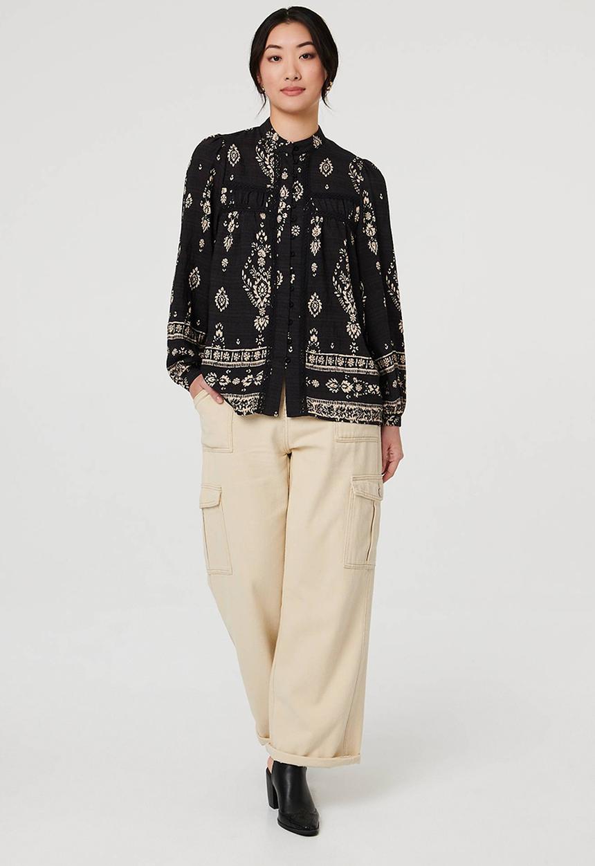 MANDI - L/S Buttton Through Gypsey Blouse With Discharge Print - Black