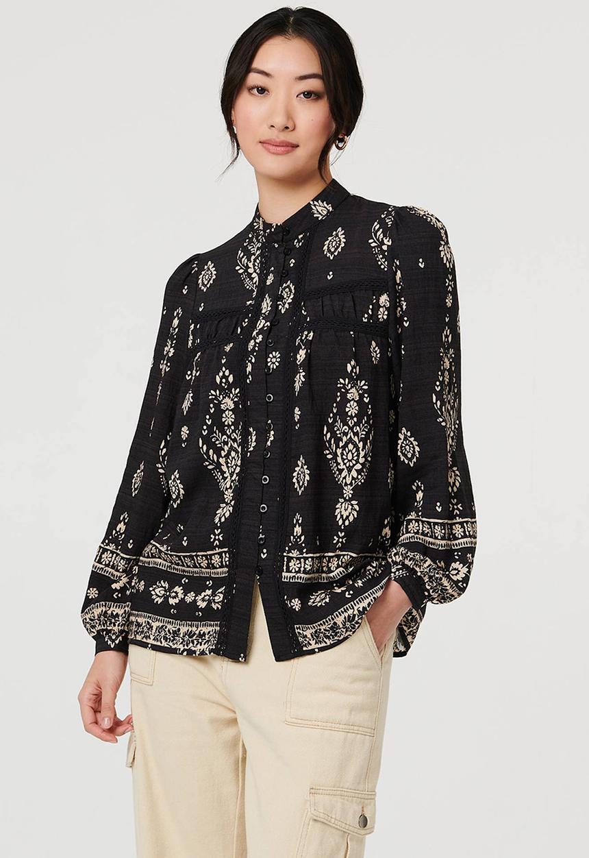 MANDI - L/S Buttton Through Gypsey Blouse With Discharge Print - Black