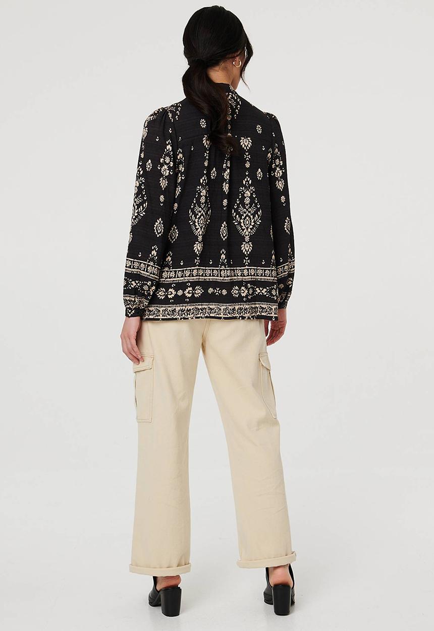 MANDI - L/S Buttton Through Gypsey Blouse With Discharge Print - Black