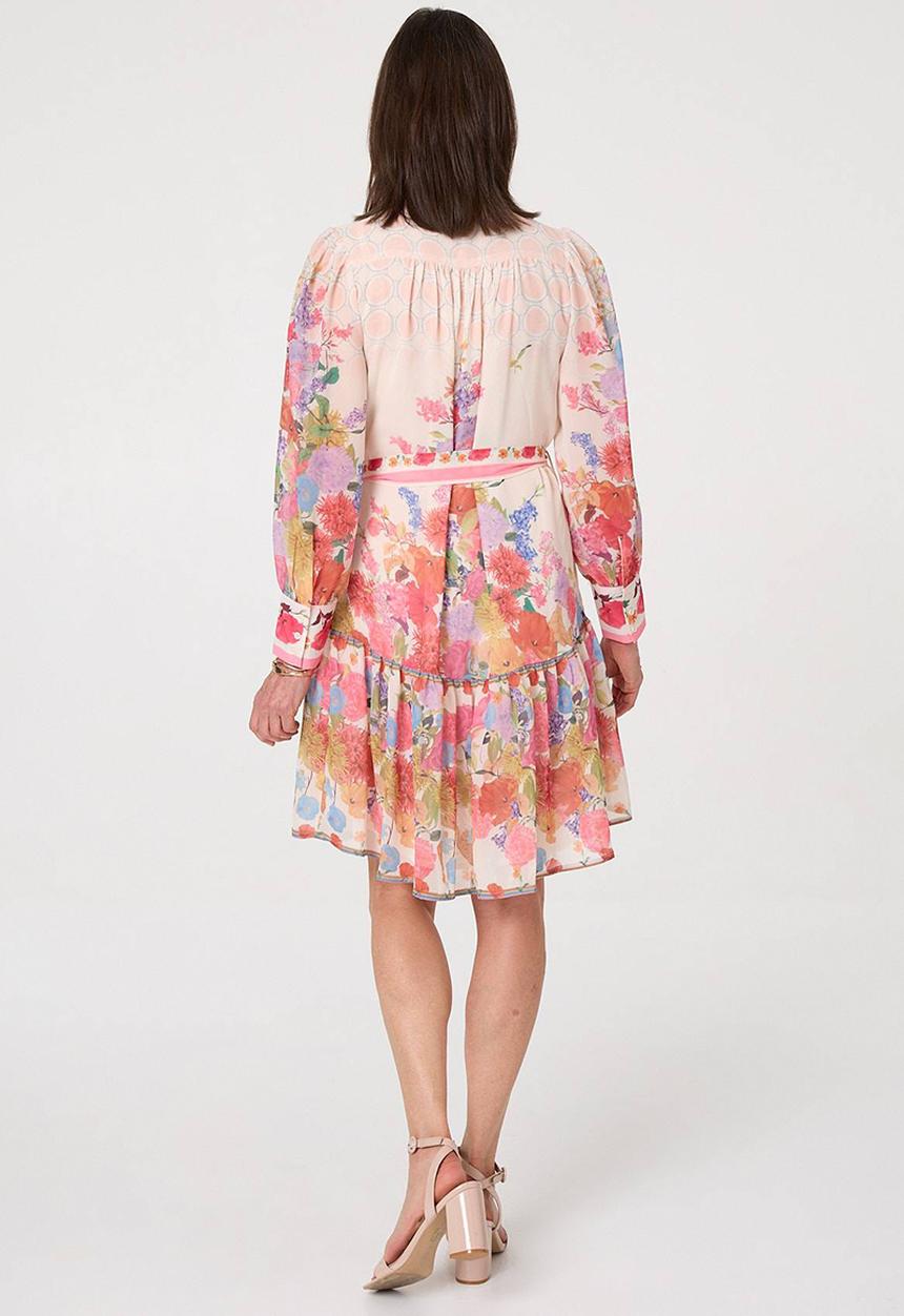 MANDI - L/S High Neck Sheer Crepe Printed Midi Dress With Belt - Orange
