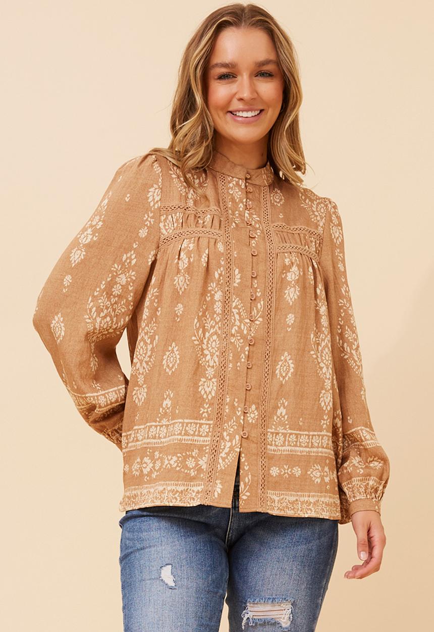 MANDI - L/S Button Through Gypsey Blouse With Discharge Print - Beige