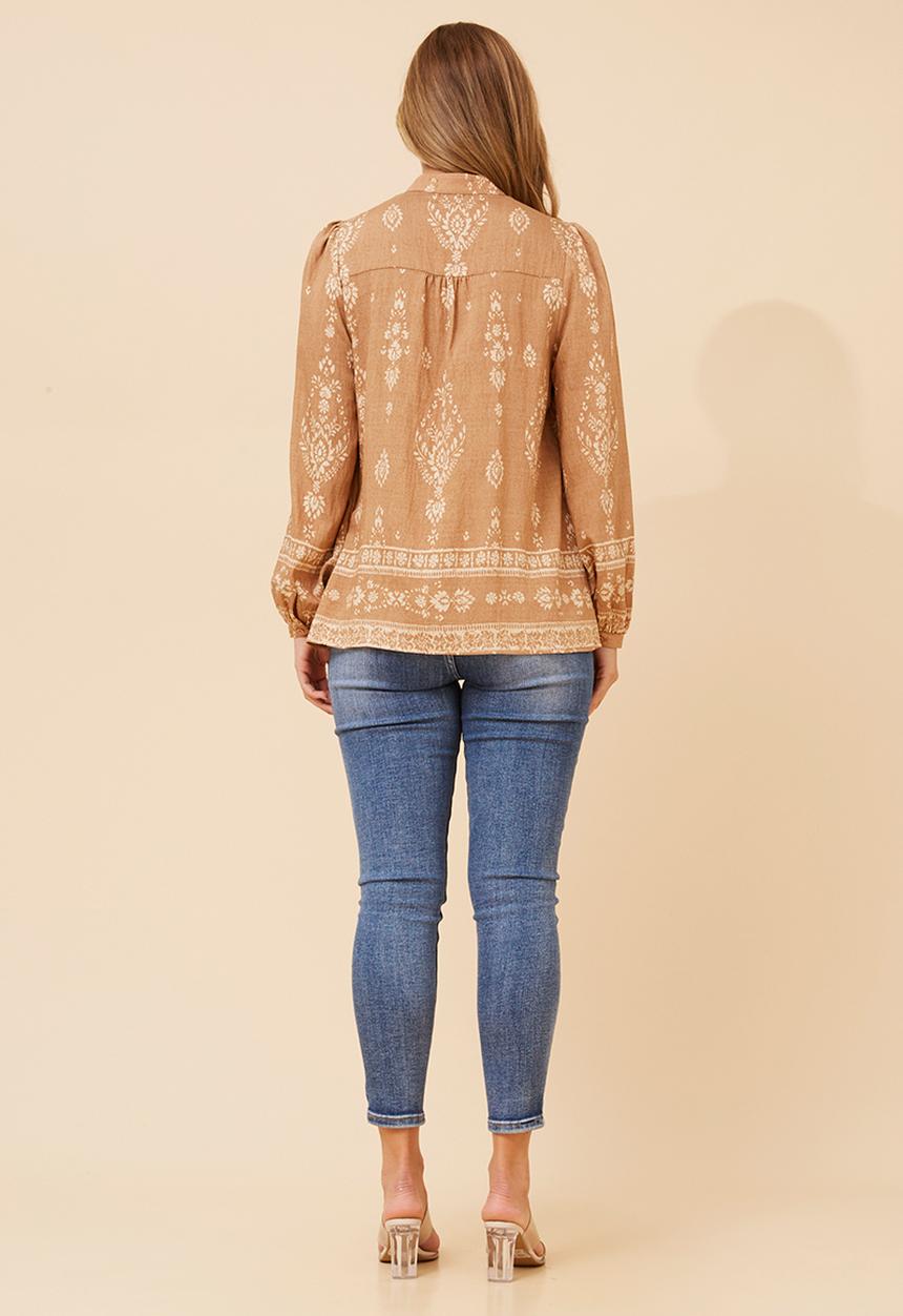 MANDI - L/S Button Through Gypsey Blouse With Discharge Print - Beige