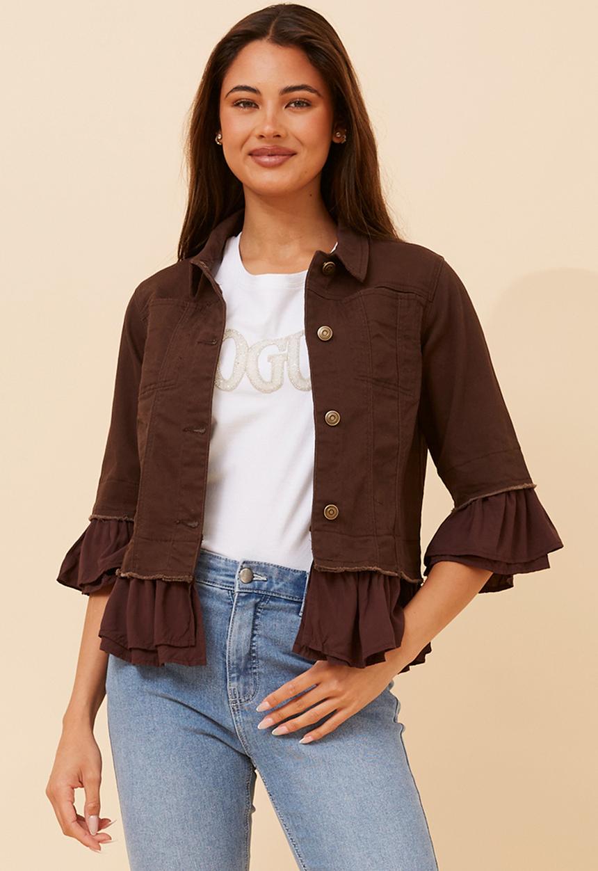 Stella Morgan - Half Sleeve With Frill Button Through Frill Jacket - Chocolate