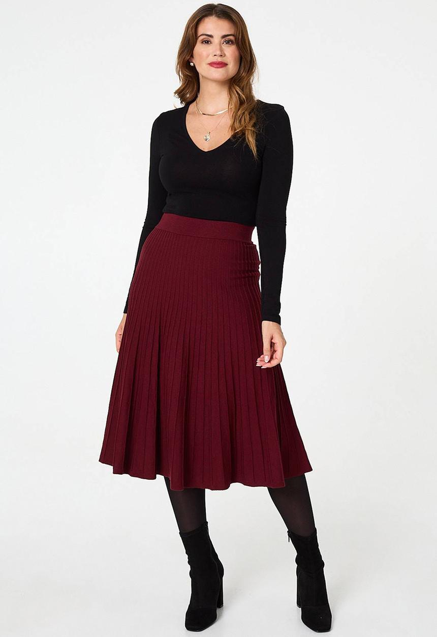 Stella Morgan - High Waisted Knitted A-Line Skirt - Wine