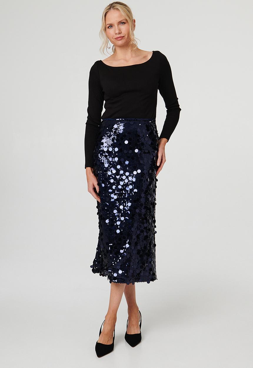 Stella Morgan - High Waist A-Line Sequin Maxi Skirt - Navy