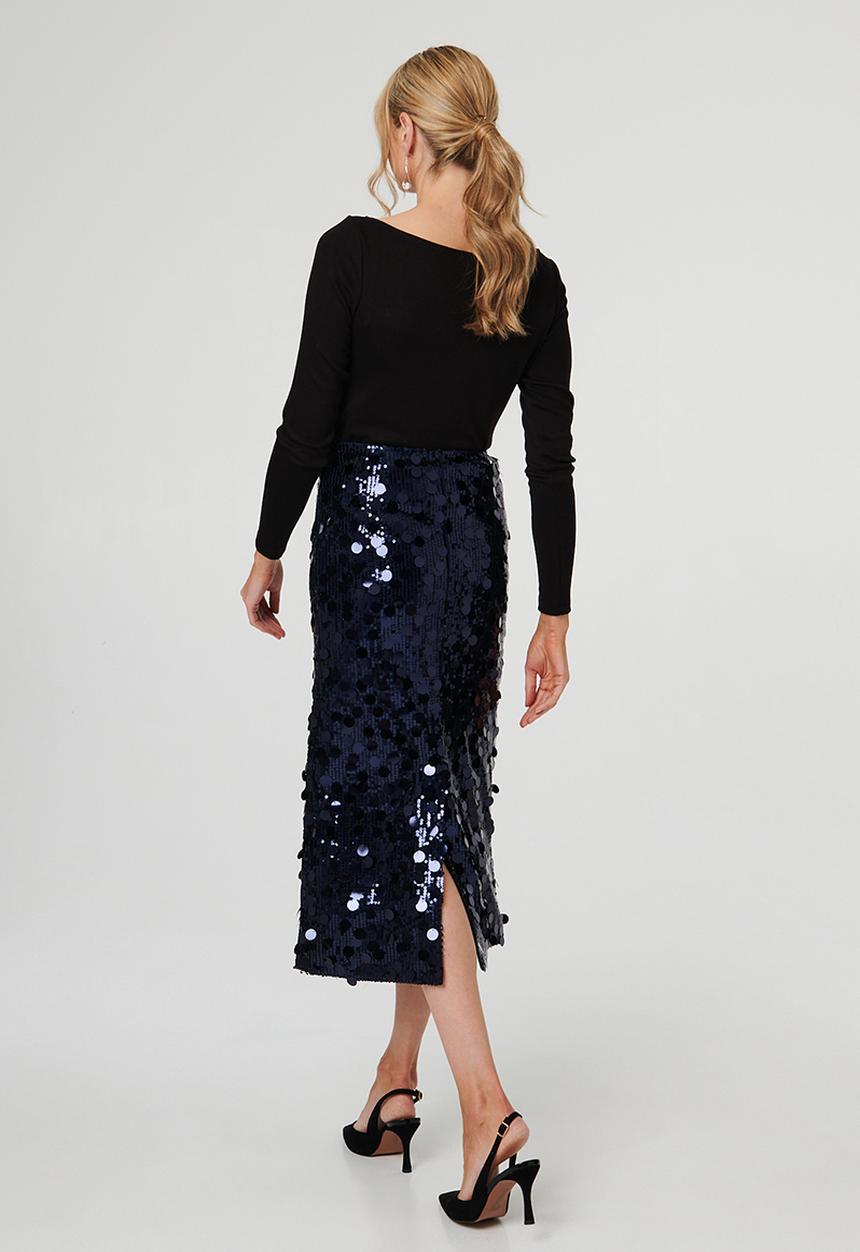 Stella Morgan - High Waist A-Line Sequin Maxi Skirt - Navy