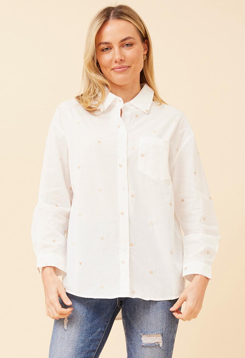 Stella Morgan - Long Sleeve Boyfriend Shirt With All Over Heart Embroidery - White