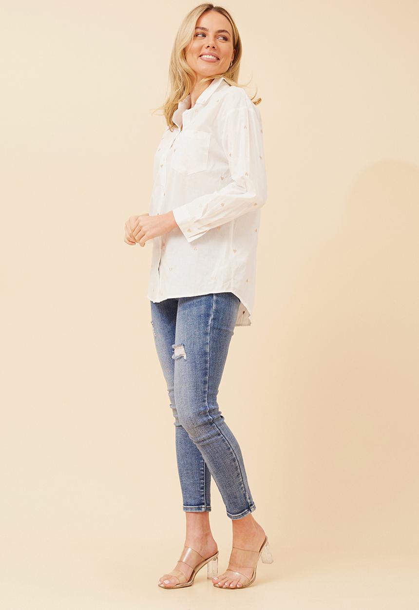 Stella Morgan - Long Sleeve Boyfriend Shirt With All Over Heart Embroidery - White