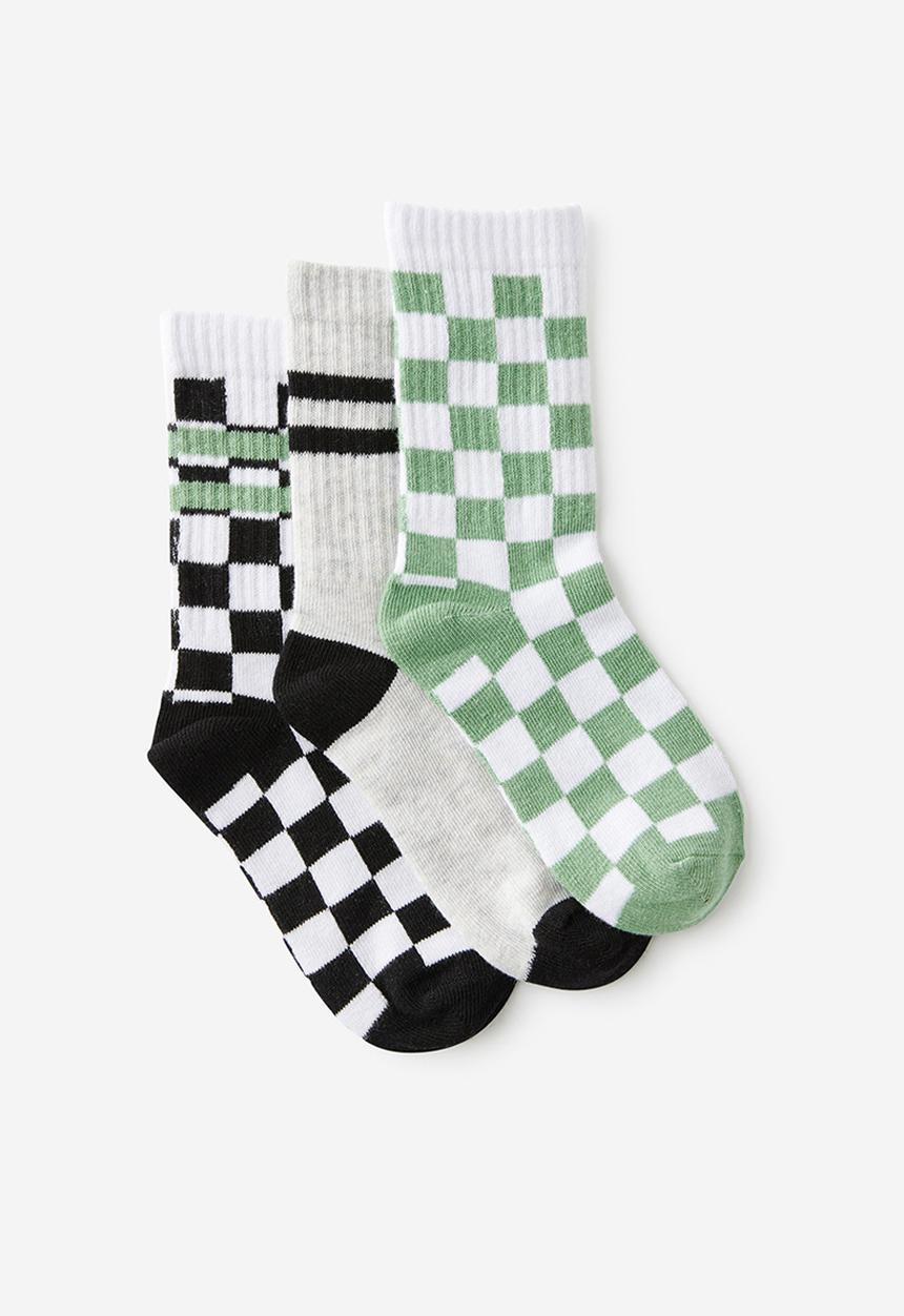 Cotton On - 3Pk Crew Socks - Gumnut Green/Phantom Checks 1