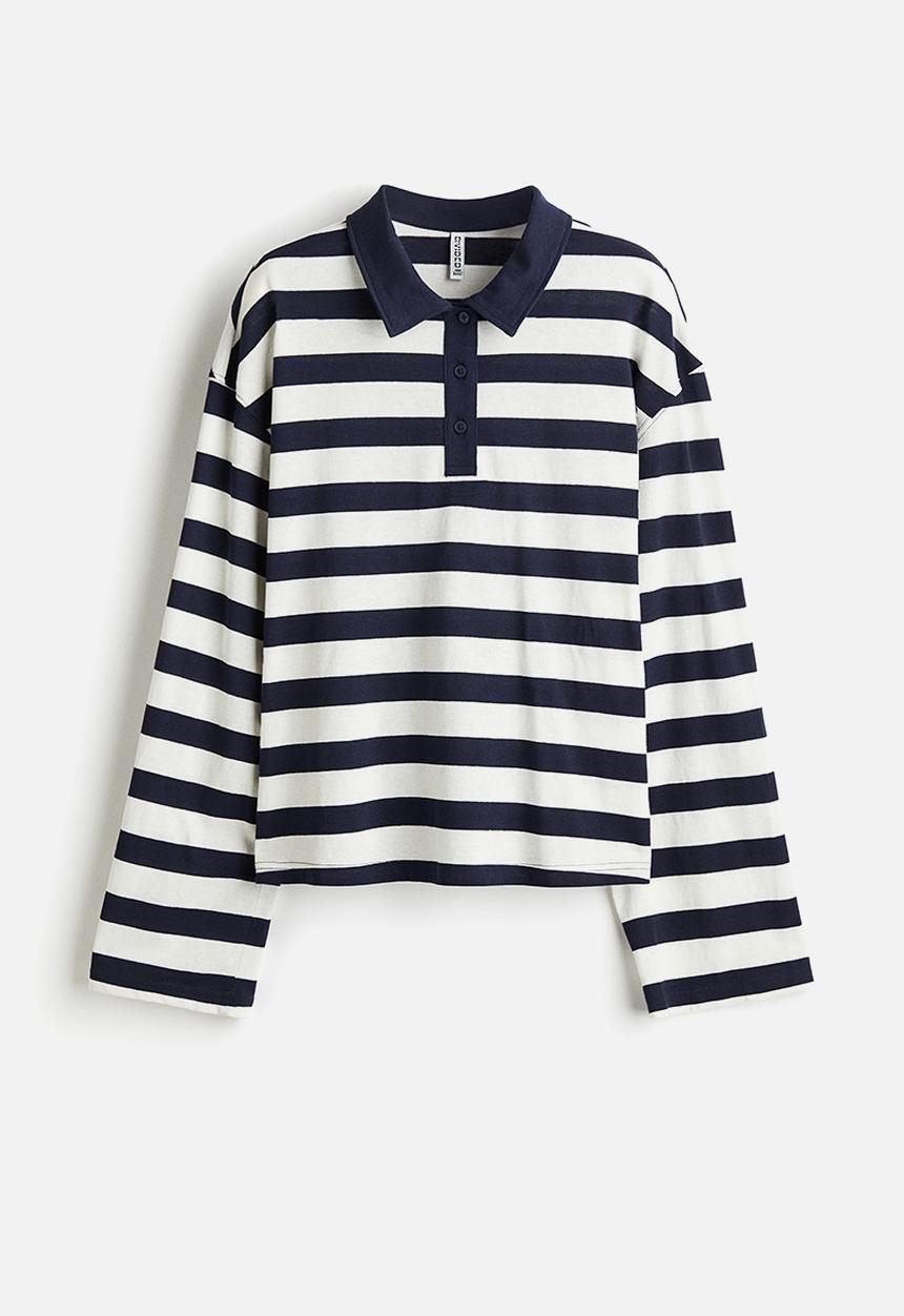 H&M - Cotton polo shirt - white & dark blue striped