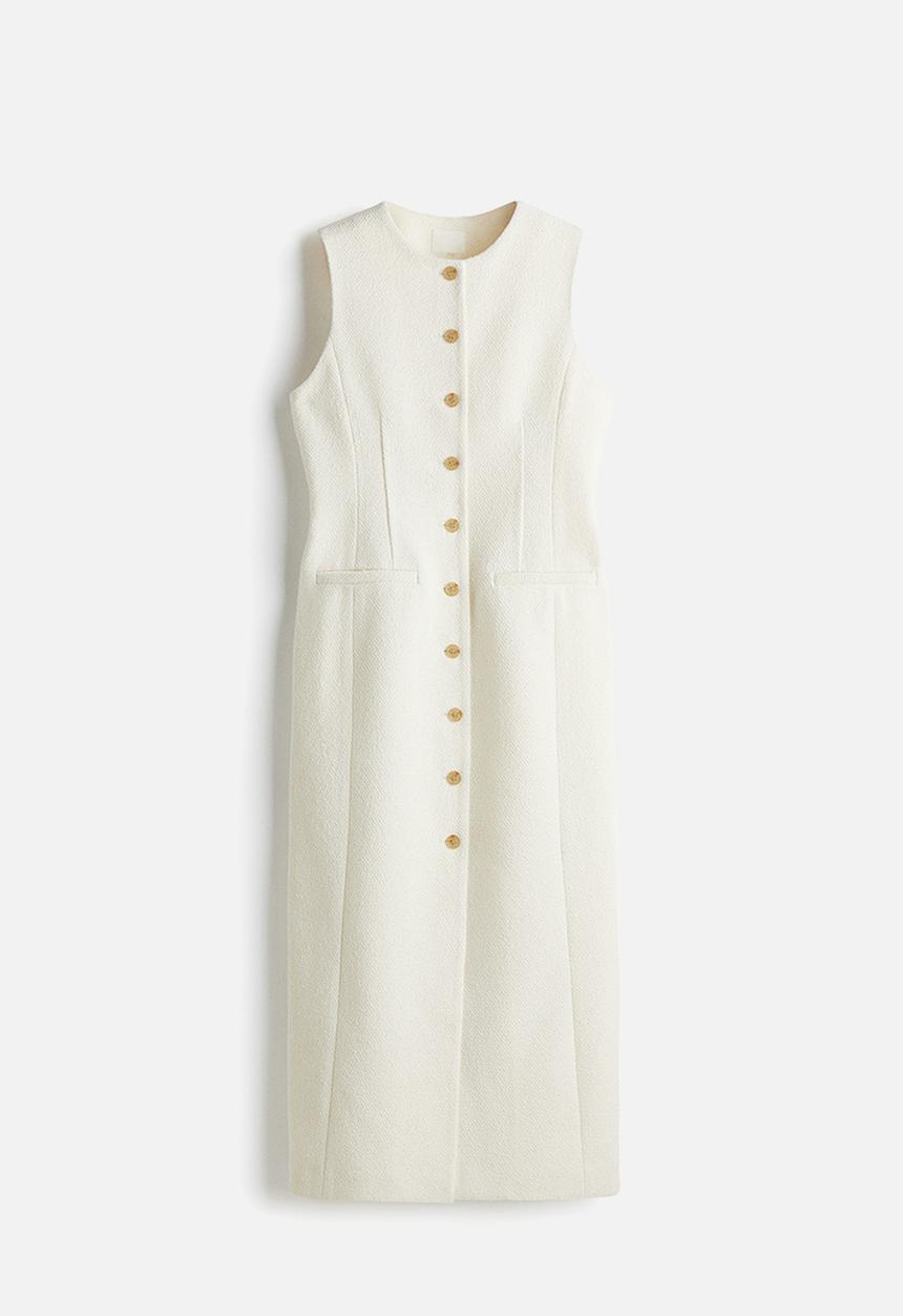 H&M - Long button-front bouclé dress - cream