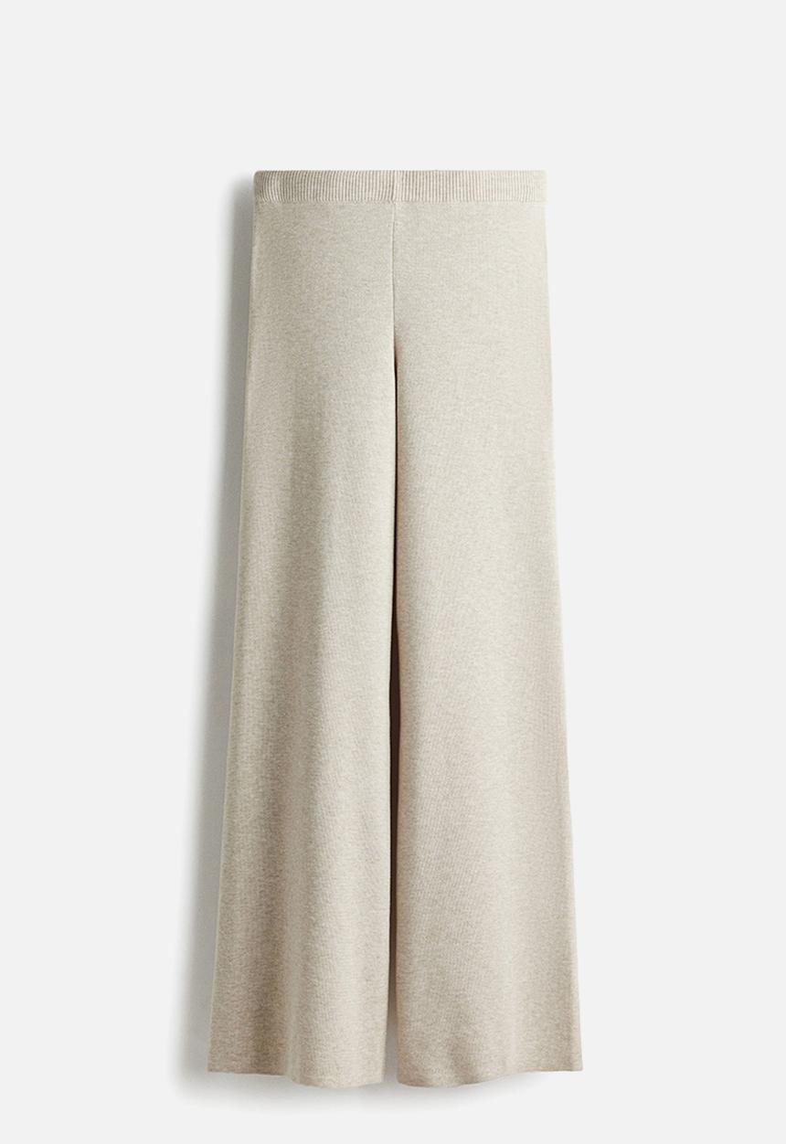 H&M - Wide fine-knit trousers - light beige marl