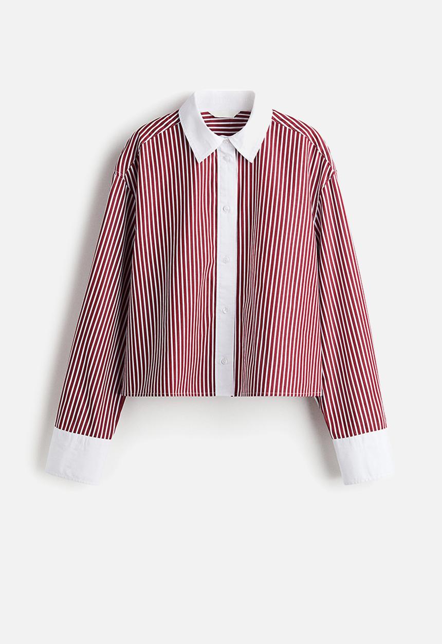 H&M - Short poplin shirt - white & burgundy striped