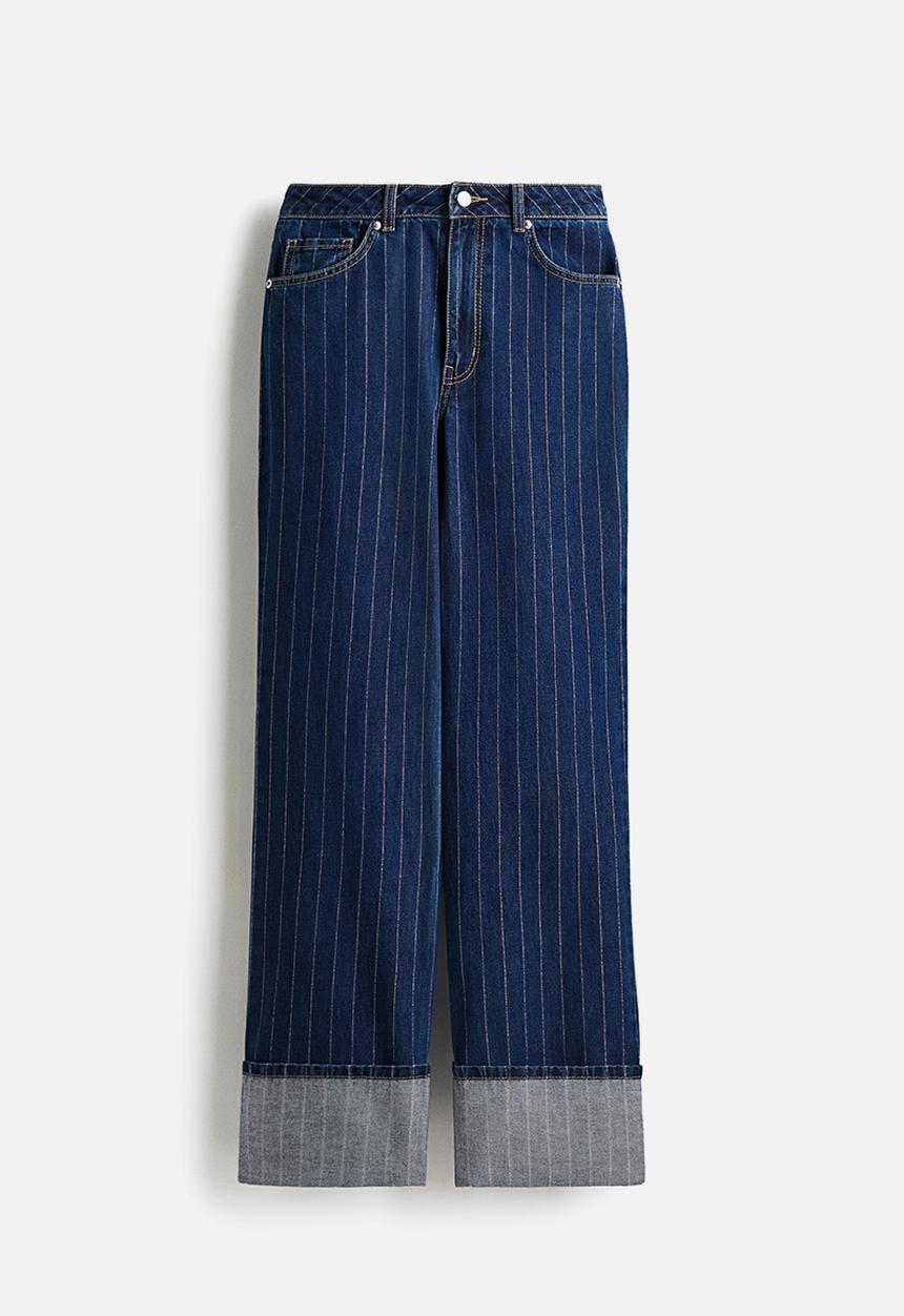 H&M - Wide ultra high turn-up jeans - denim blue pinstriped