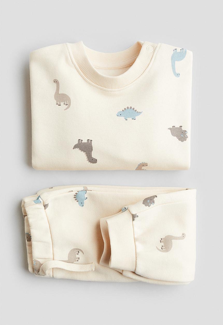 H&M - 2-piece printed brushed-inside sweatshirt set - light beige dinosaurs