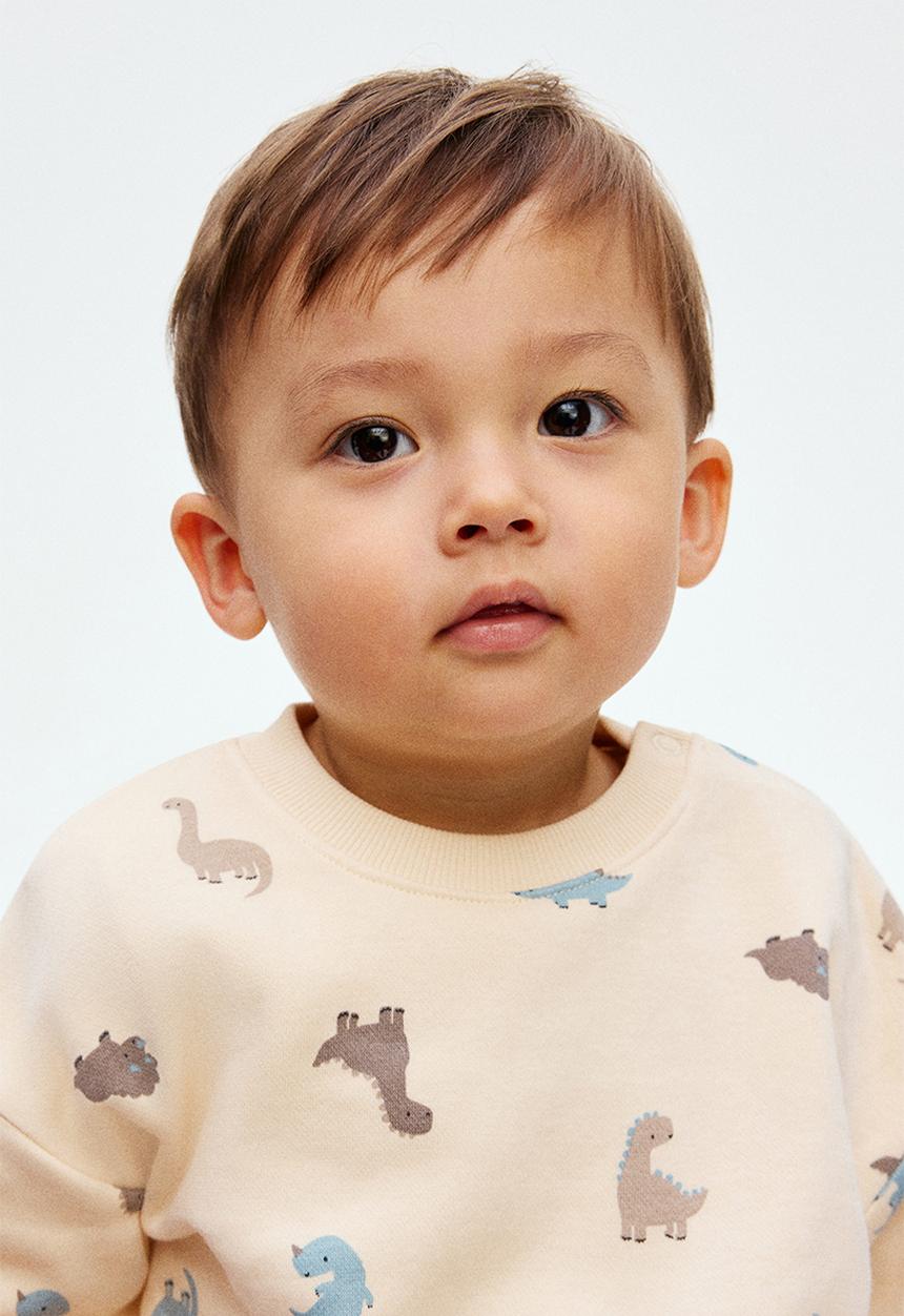H&M - 2-piece printed brushed-inside sweatshirt set - light beige dinosaurs
