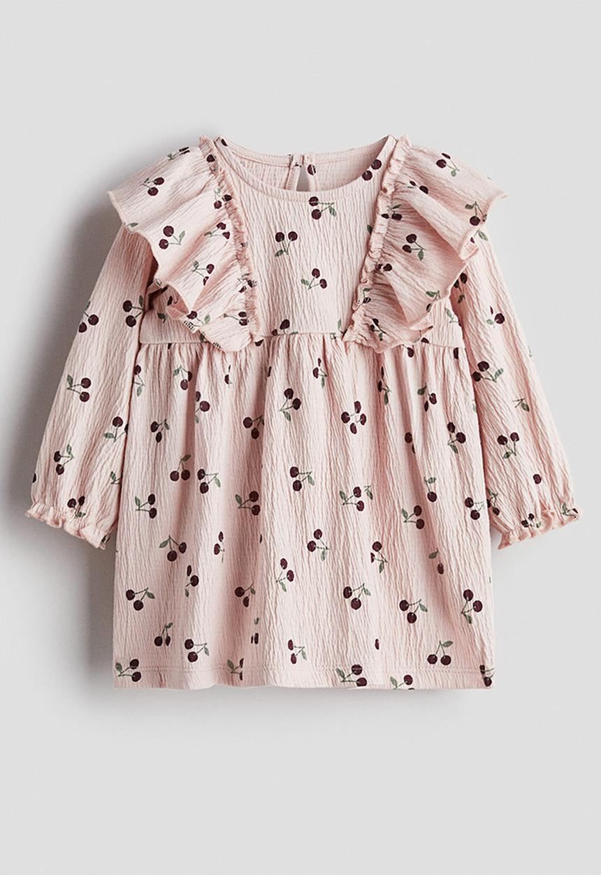 H&M - Crinkled cotton dress - light pink/cherries