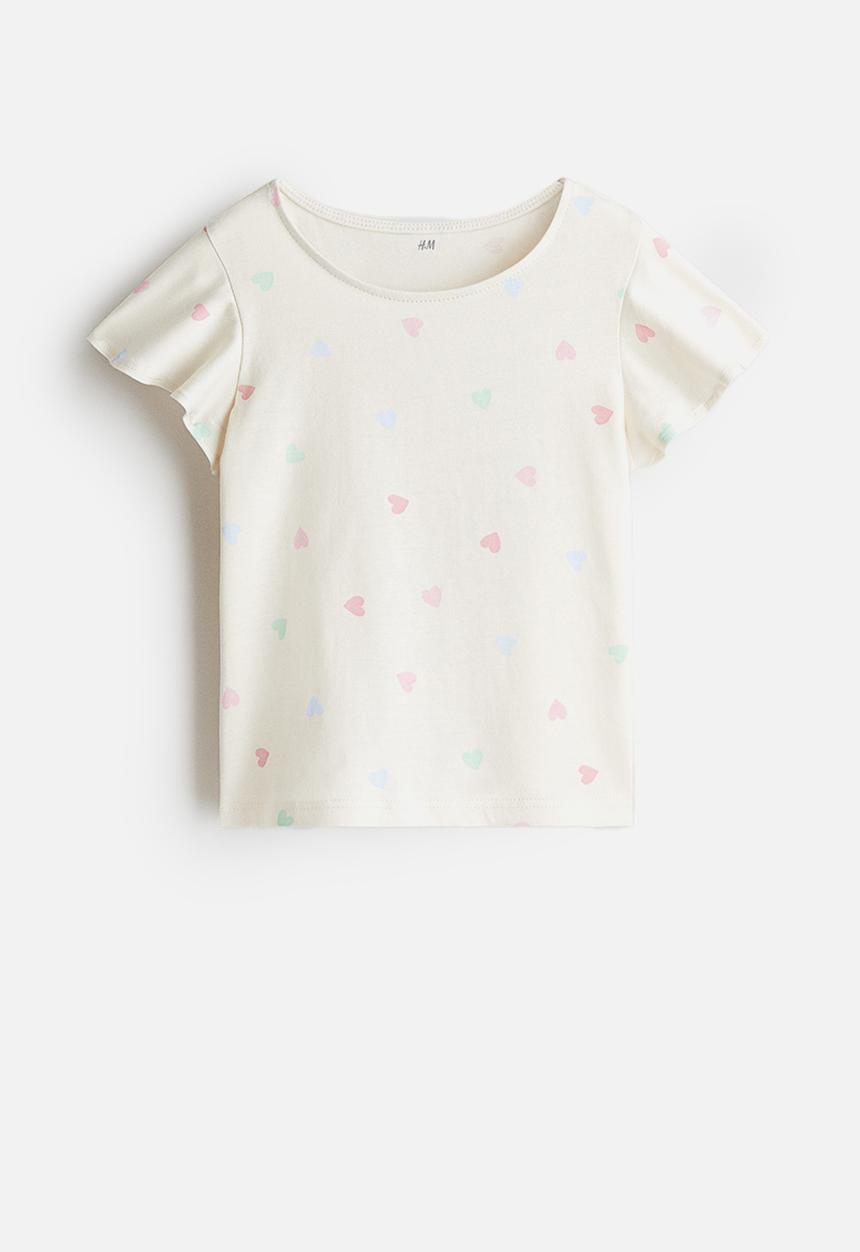 H&M - Printed flutter-sleeved top - cream/hearts