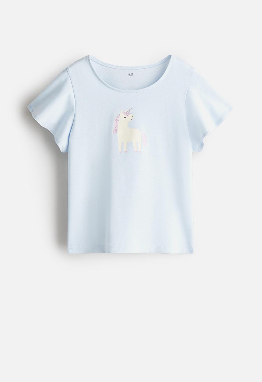 H&M - Printed flutter-sleeved top - light blue/unicorn 