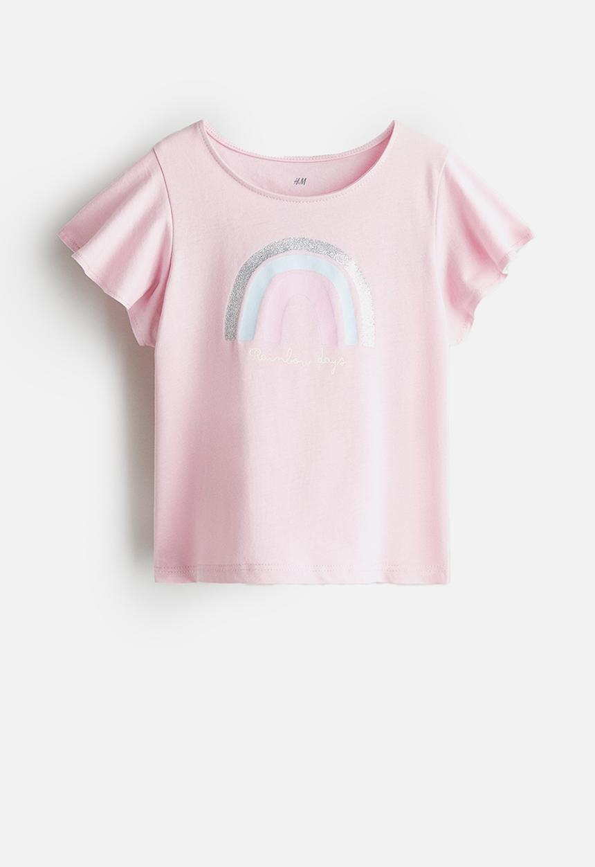 H&M - Printed flutter-sleeved top - pink/rainbow