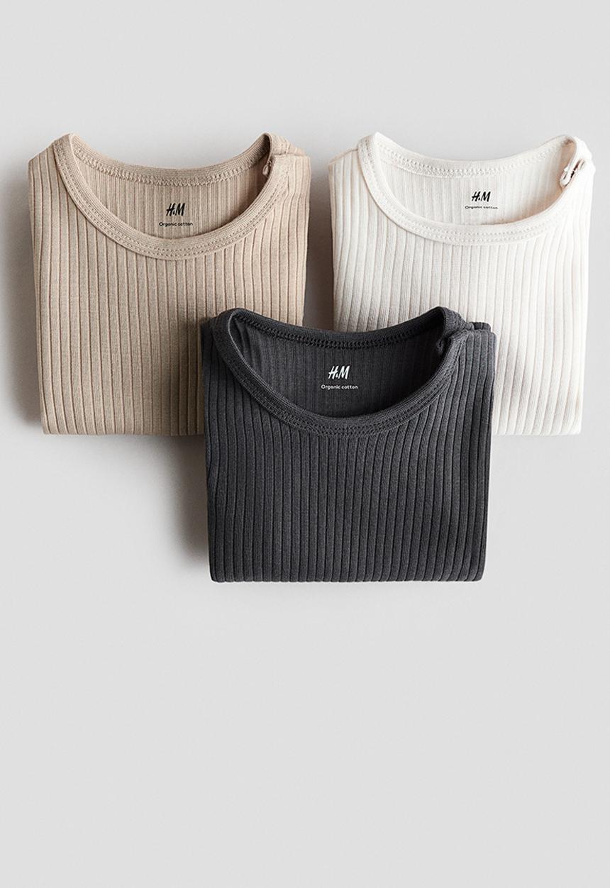 H&M - 3 pack ribbed cotton bodysuits - grey,white,beige