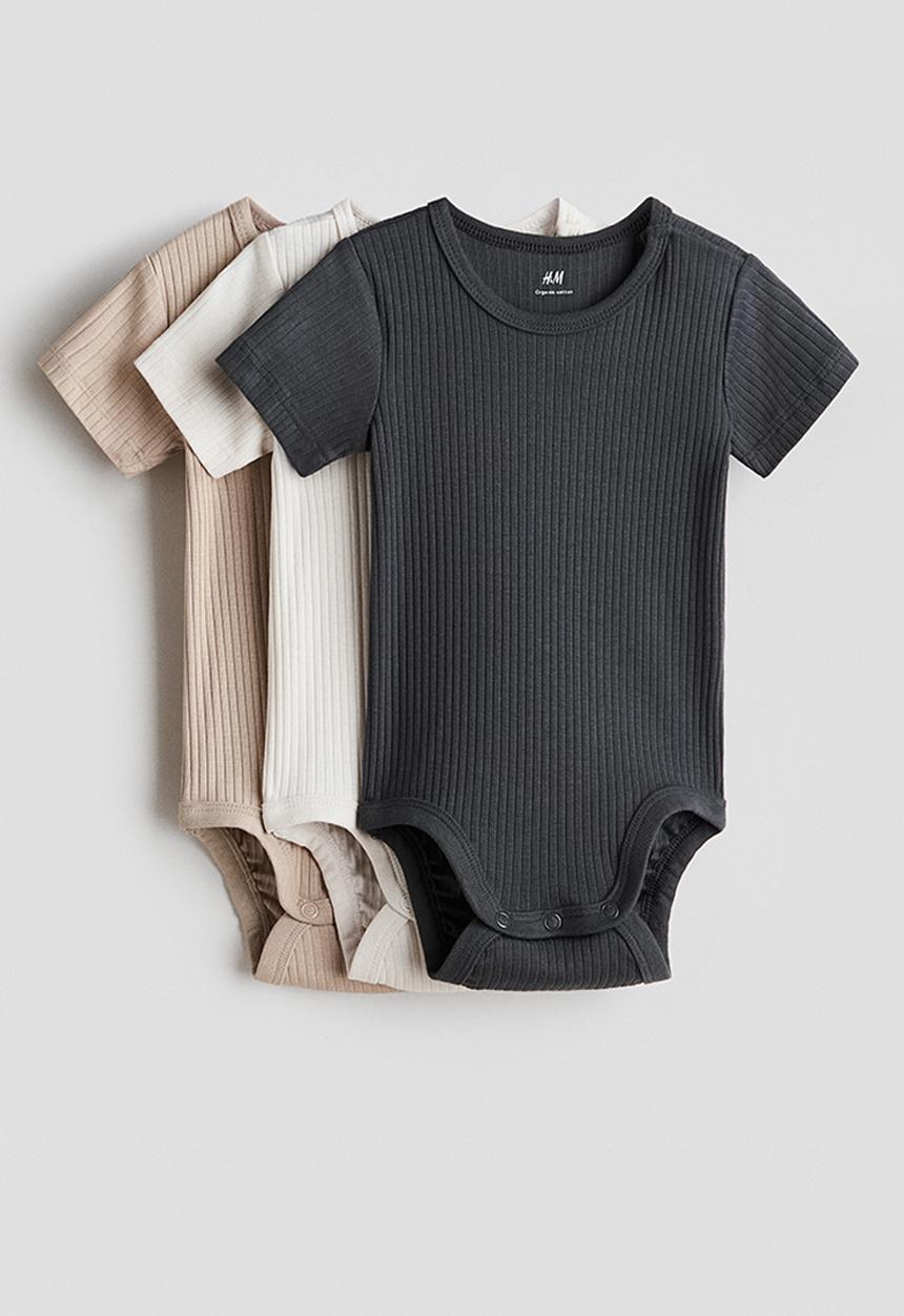 H&M - 3 pack ribbed cotton bodysuits - grey,white,beige