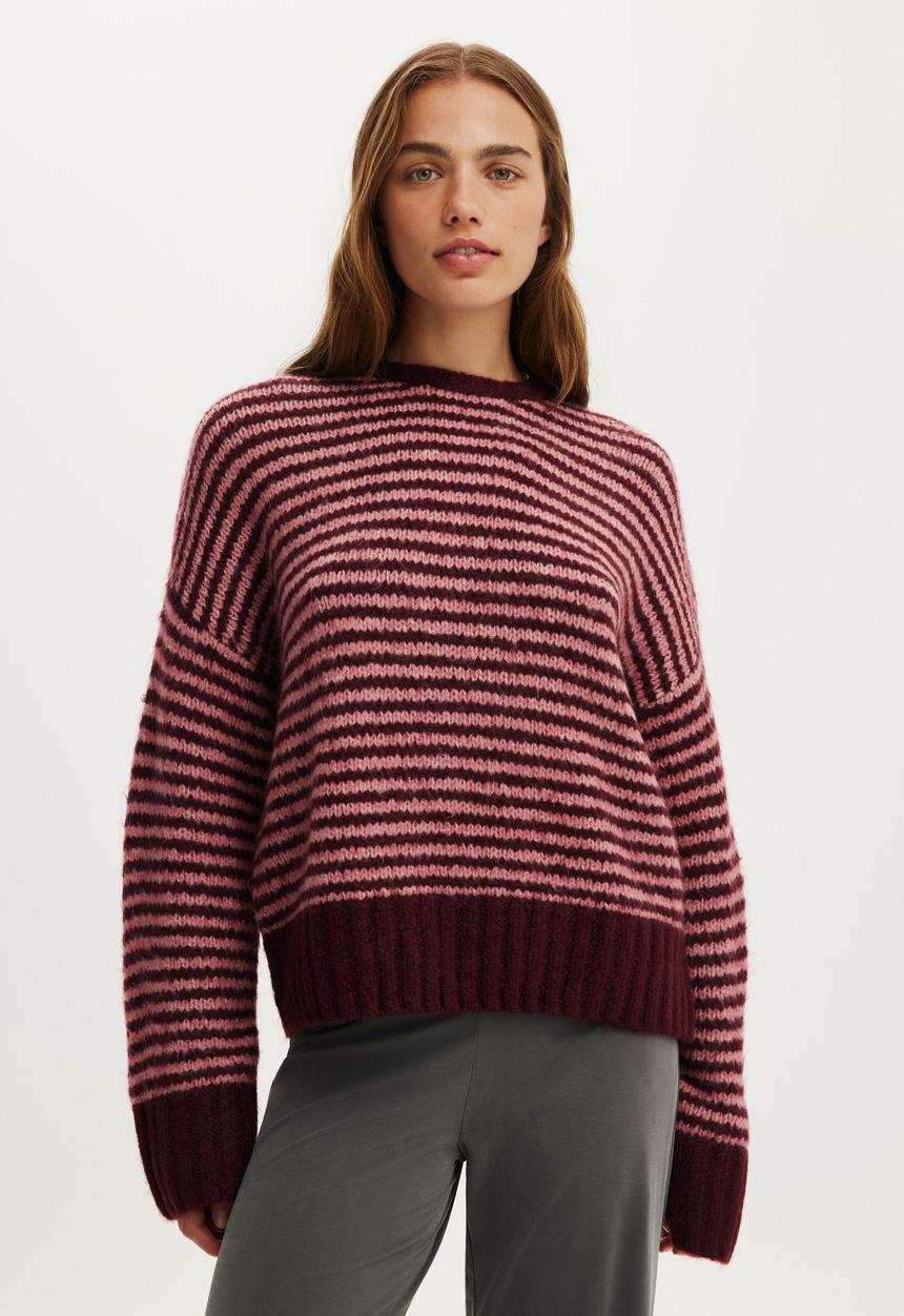 Cotton On - Luxe crew sweater - lofty pink berry burgundy stripe